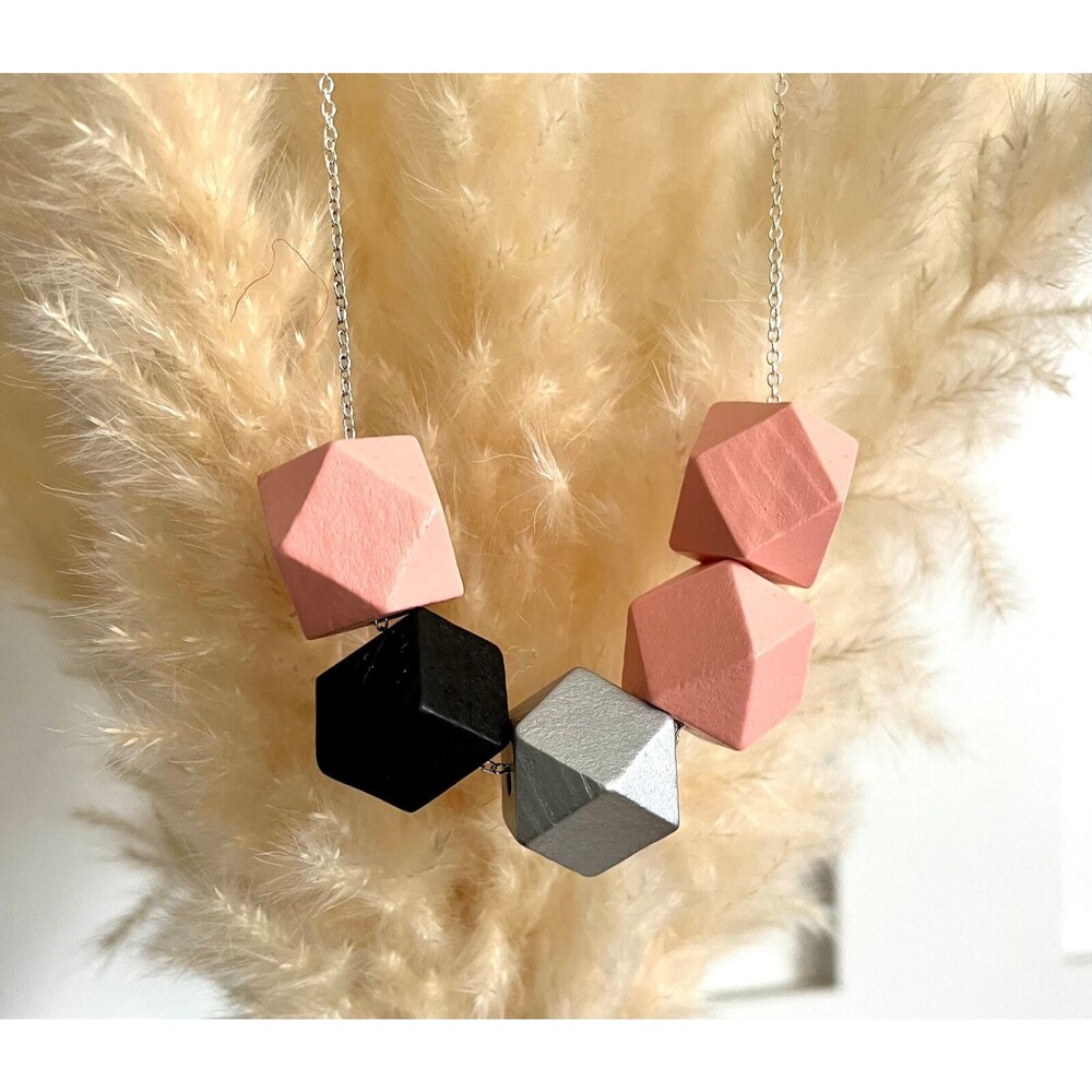 NEW Handmade Wooden Geometric Modern Beaded Statement Necklace Colorful Jewelry